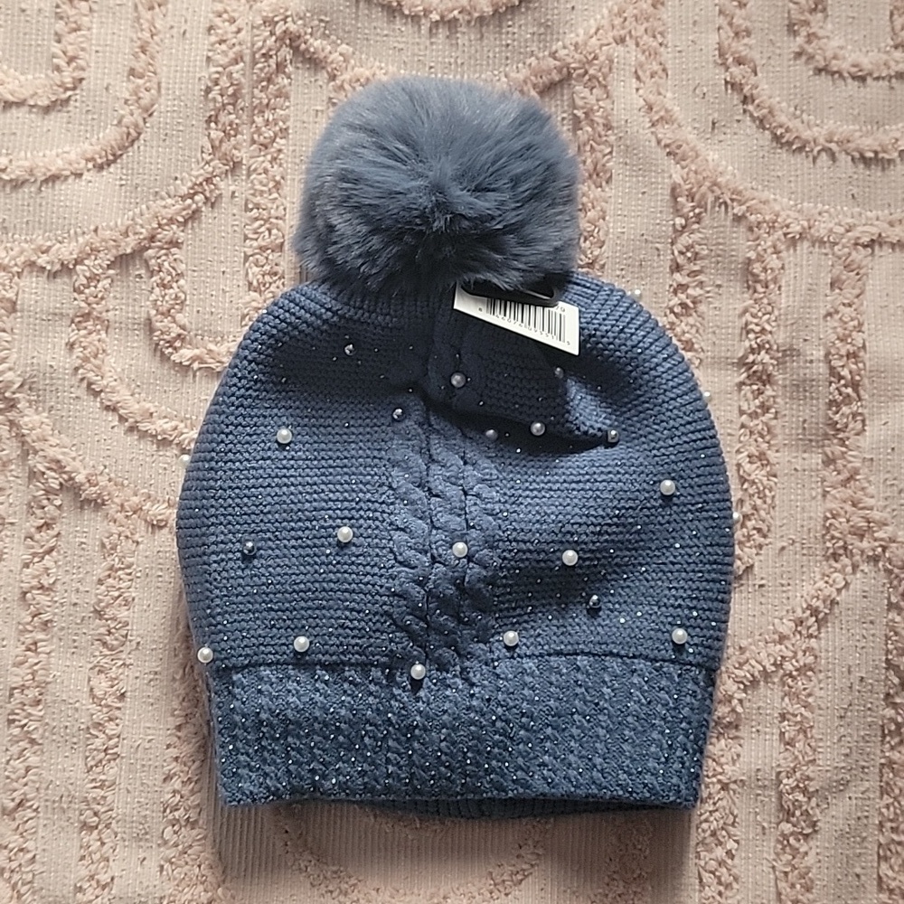 Blue toboggan/hat with pearls and glitter all over. NWOT.